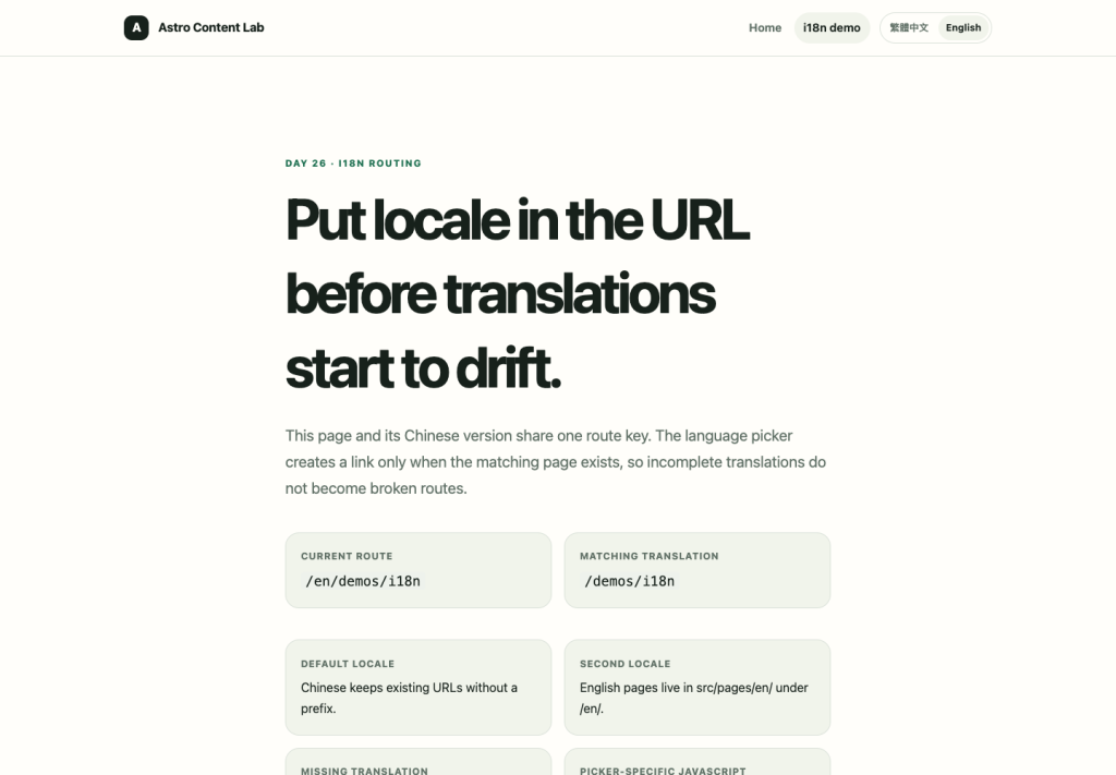 英文 i18n demo 使用英文 route、英文文案與 active language picker