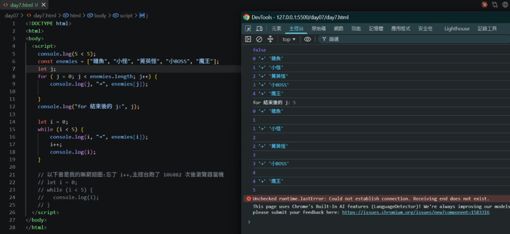 插入 day7-4.png:for(用外面的 j)+ while 的輸出,含「for 結束後的 j: 5」和 while 結尾的 5
