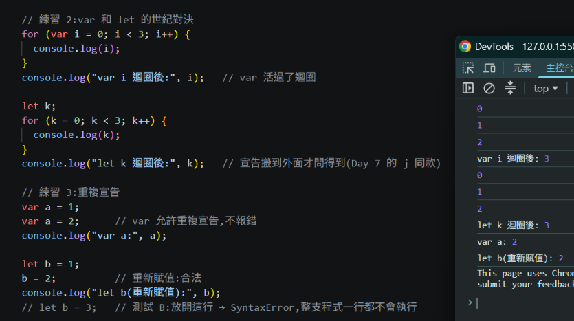 插入 day9-3.png:var i 迴圈後 3、let k 迴圈後 3、var a: 2、let b 重新賦值: 2
