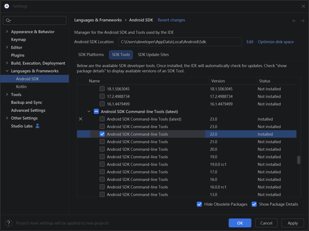 Android Studio SDK Manager 中降版 Command-line Tools