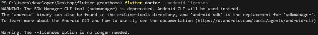 flutter doctor --android-licenses 只印出警告就結束