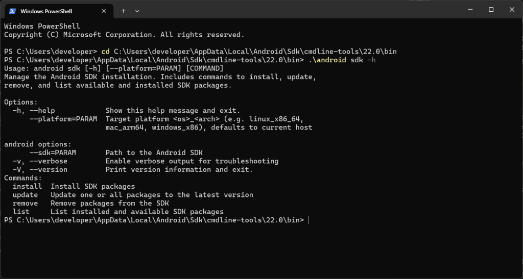 android sdk -h 的子指令只有四個