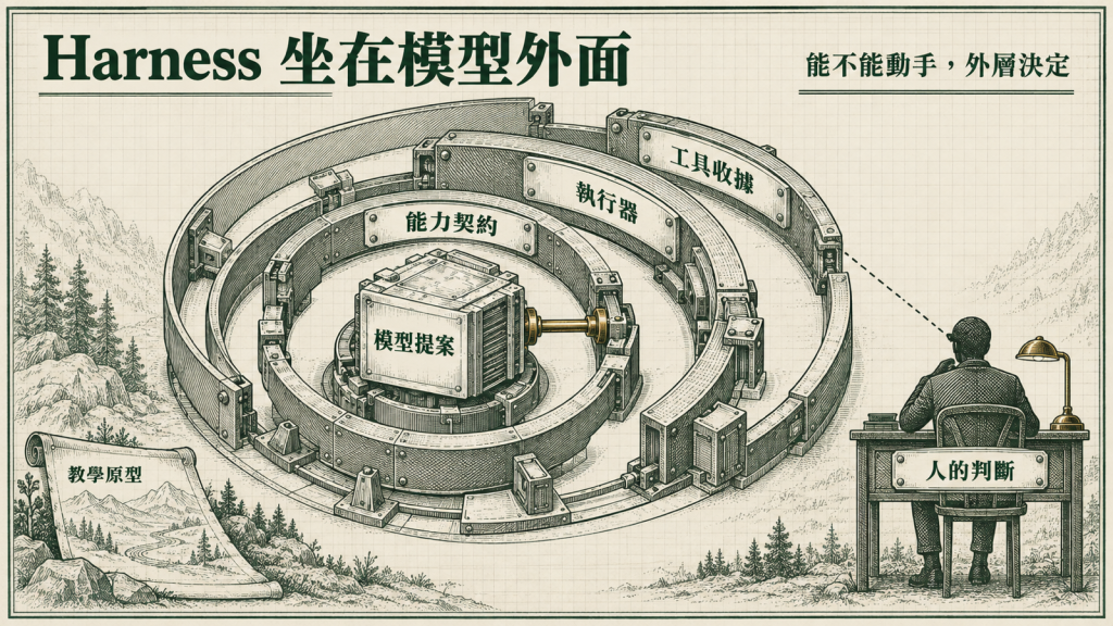 Harness 坐在模型外面