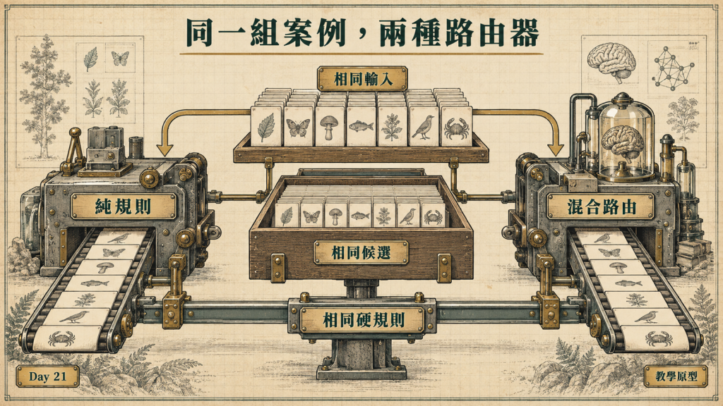 相同七組案例分別進入純規則與混合路由器