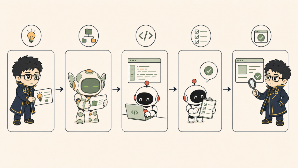 AI Coding 的五步協作循環：人類提出目標、AI 讀取內容、修改程式、執行測試，最後由人類檢查結果