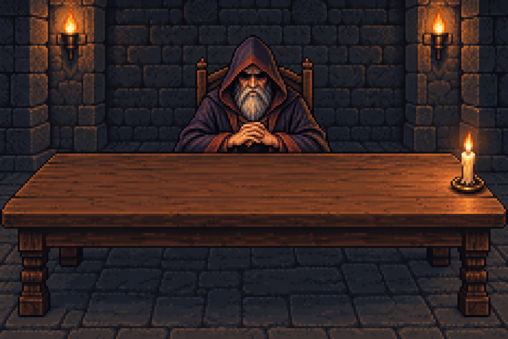 pixel art:一位披斗篷的老地城領主坐在長桌後,桌上只有一根蠟燭