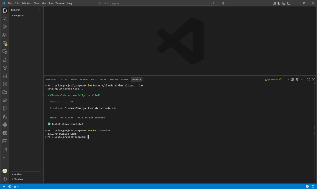 VS Code 開著 dungeon 資料夾,下方終端機執行安裝指令,顯示 Claude Code successfully installed、版本 2.1.270,接著 claude --version 印出 2.1.270