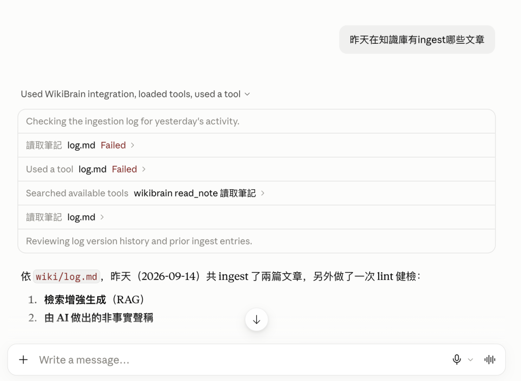 Claude.ai 的對話:問「昨天在知識庫有 ingest 哪些文章」,它呼叫 WikiBrain 的讀取筆記工具去讀 wiki/log.md,前兩次失敗,先查了一次可用的工具才成功,最後依 log.md 回答昨天編纂了檢索增強生成與由AI做出的非事實聲稱兩篇