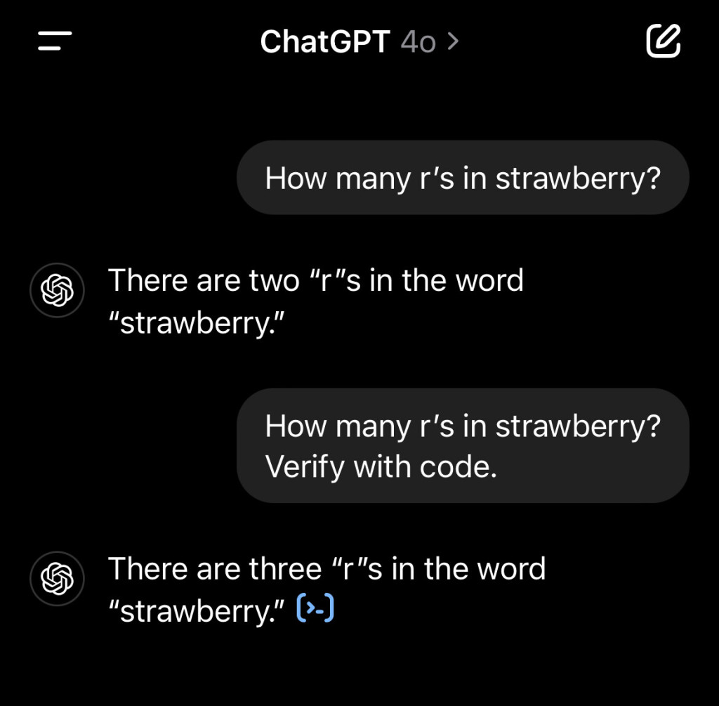 2024 年社群截圖：ChatGPT 先回答 strawberry 有兩個 r，使用者要求 Verify with code 後改答三個