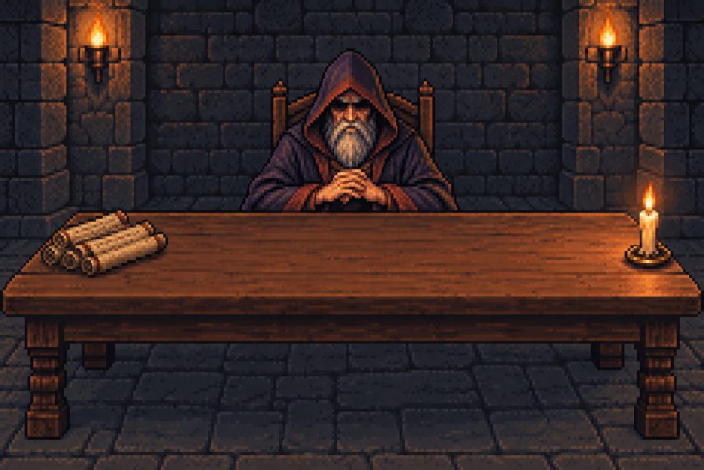 pixel art:地城領主坐在長桌後,桌上多了一疊寫滿字的紙卷