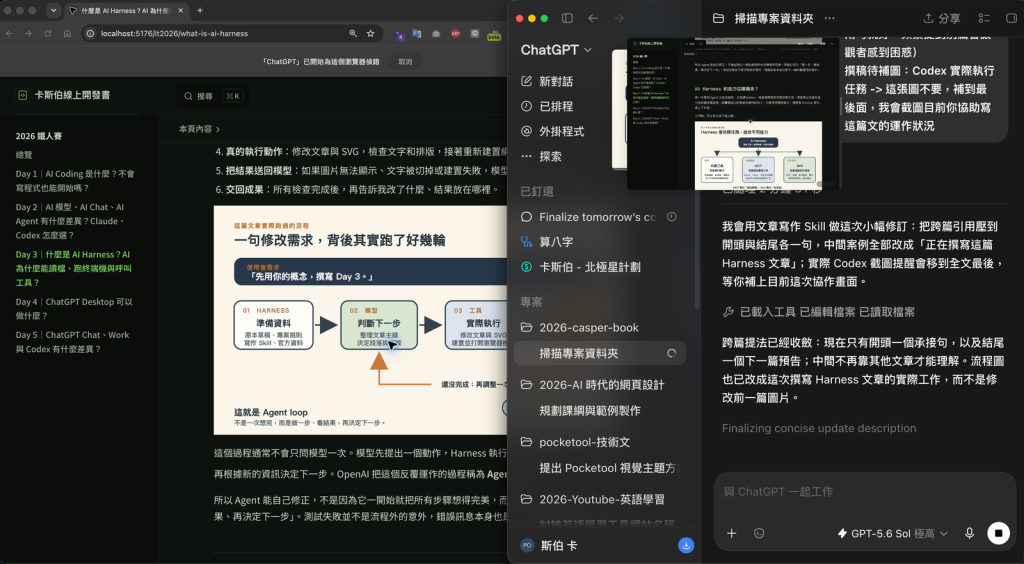 左側顯示文章的本機預覽，右側顯示 Codex App 讀取專案規則、修改內容與回報結果的實際工作畫面