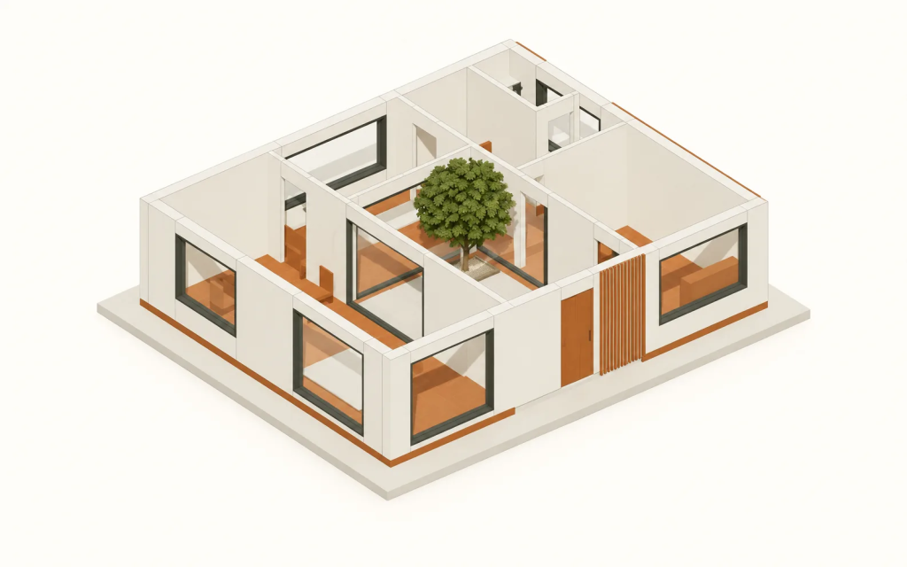 GPT-6 Astra 製作的 Courtyard House，以移除屋頂的視角呈現房間配置與中庭關係