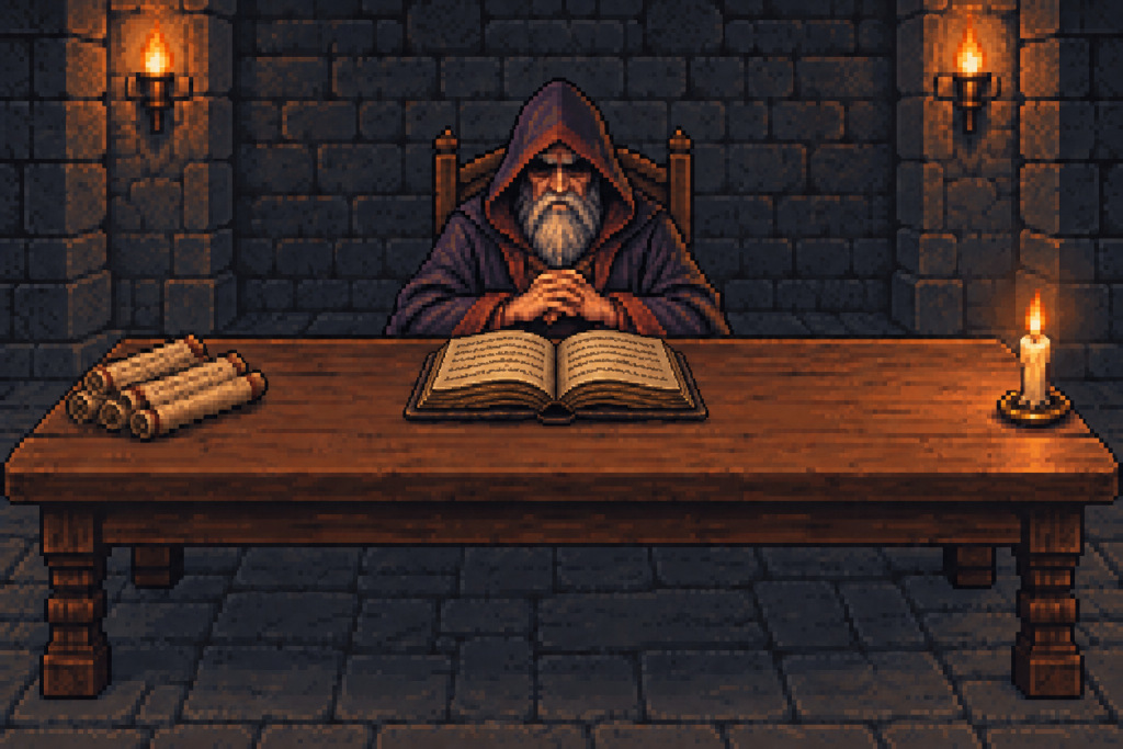 pixel art:地城領主坐在長桌後,桌上有紙卷、蠟燭,面前多了一本攤開的書