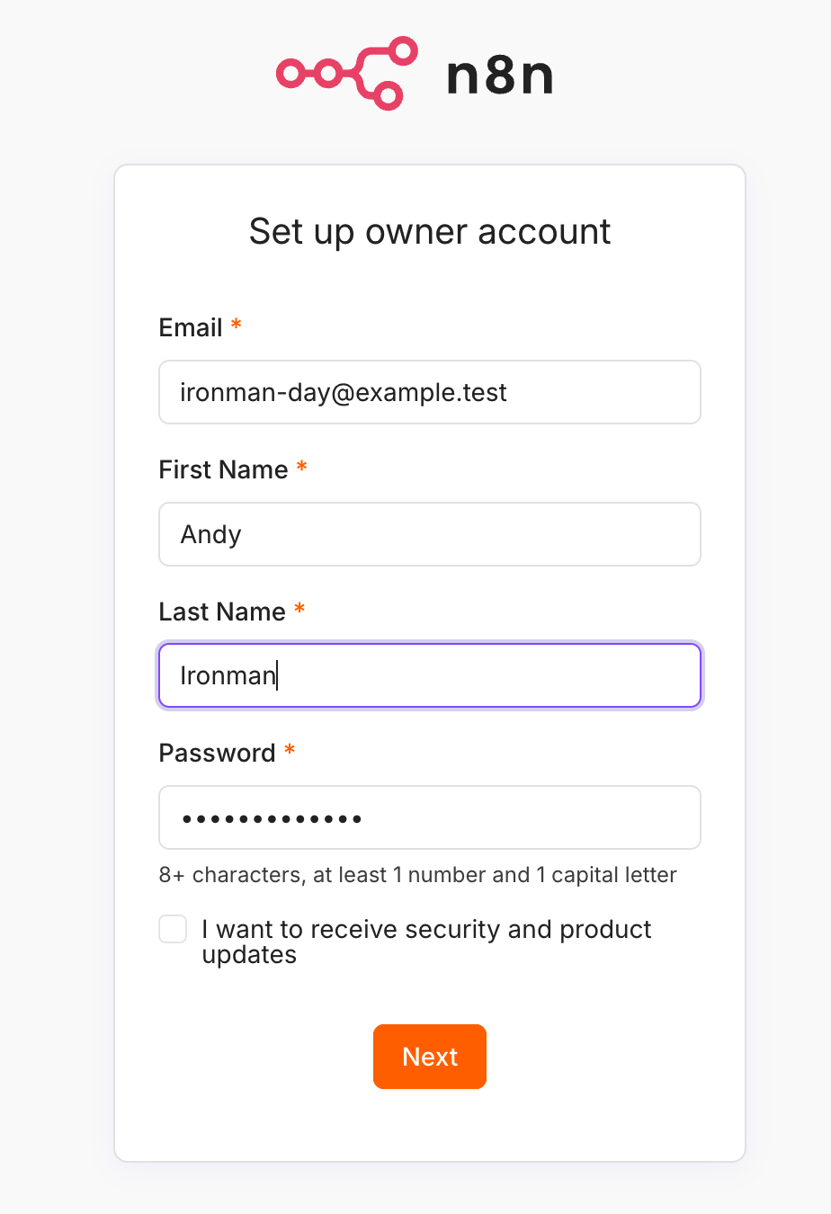 建立 self-hosted n8n 的 owner account