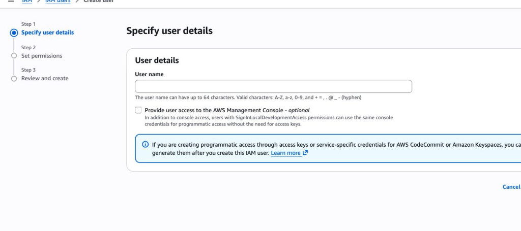 Create user 第一步 Specify user details：填 User name，勾 Provide user access to the AWS Management Console