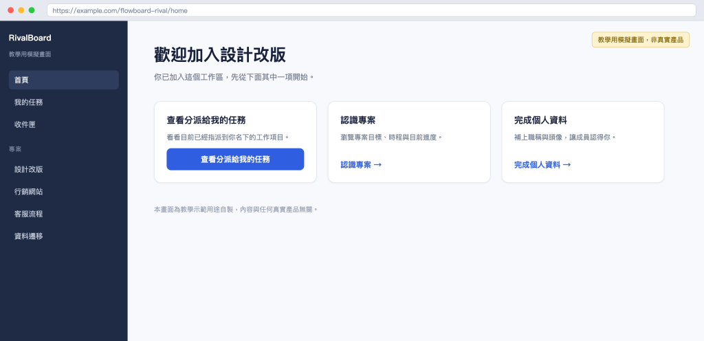教學用模擬的專案協作產品首頁：左側專案導覽列、歡迎標題與三張新成員卡片