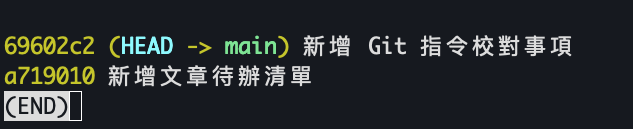 圖片:git log --oneline 的執行結果,顯示兩次提交的識別碼與說明