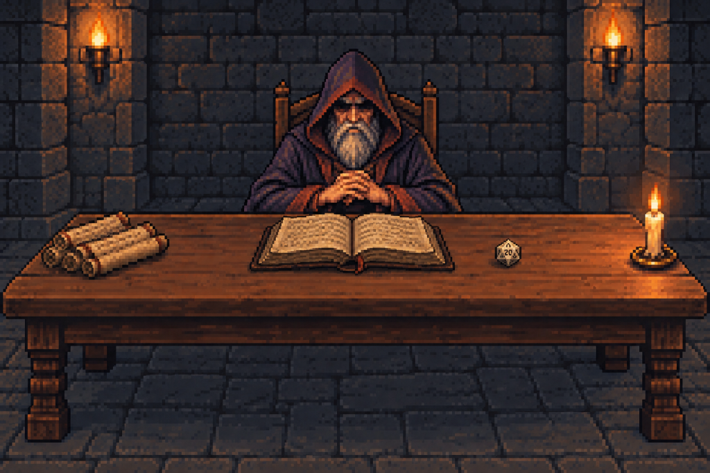 pixel art：地城領主坐在長桌後，桌上有紙卷、攤開的書、蠟燭，書和蠟燭之間多了一顆二十面骰