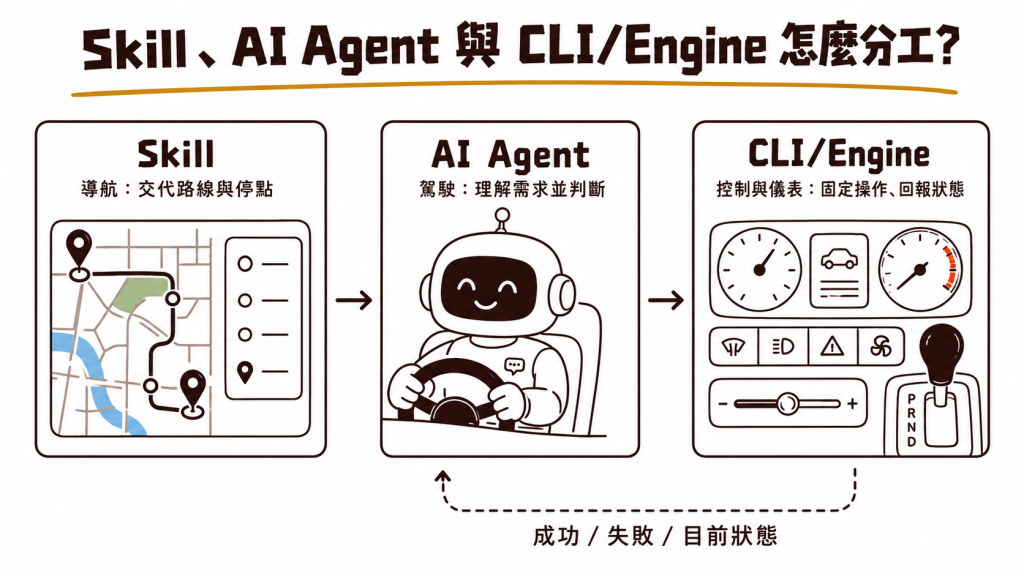 Skill 像導航、AI Agent 像駕駛、CLI／Engine 像車輛控制與儀表，三者一起把 SDD workflow 往前推進