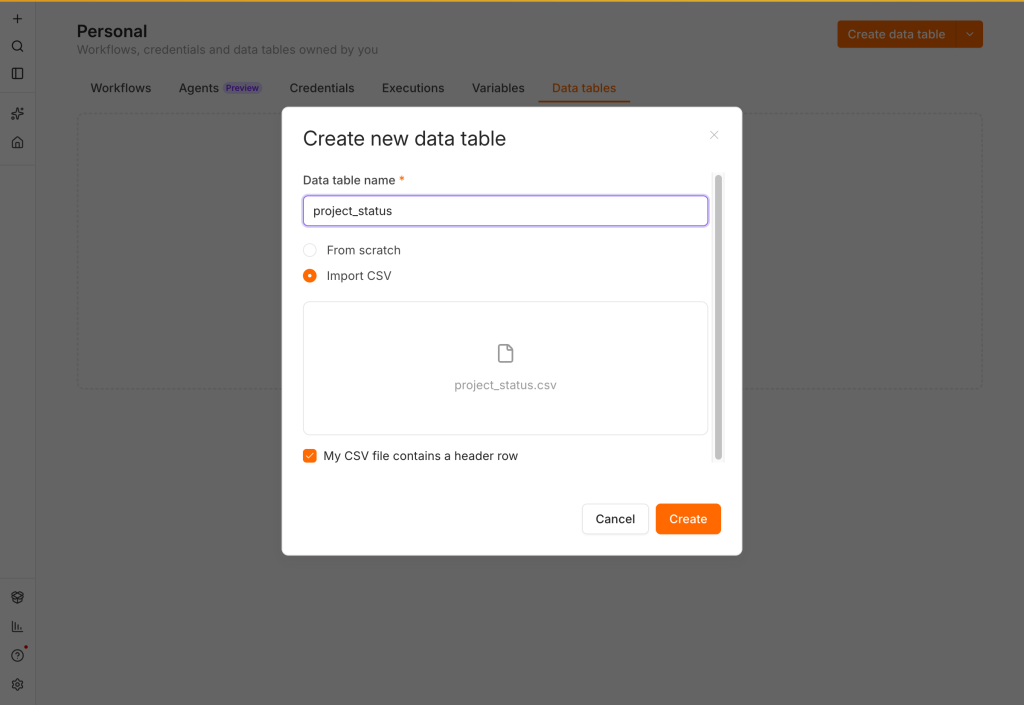 輸入 project_status，選擇 Import CSV 並上傳同名檔案