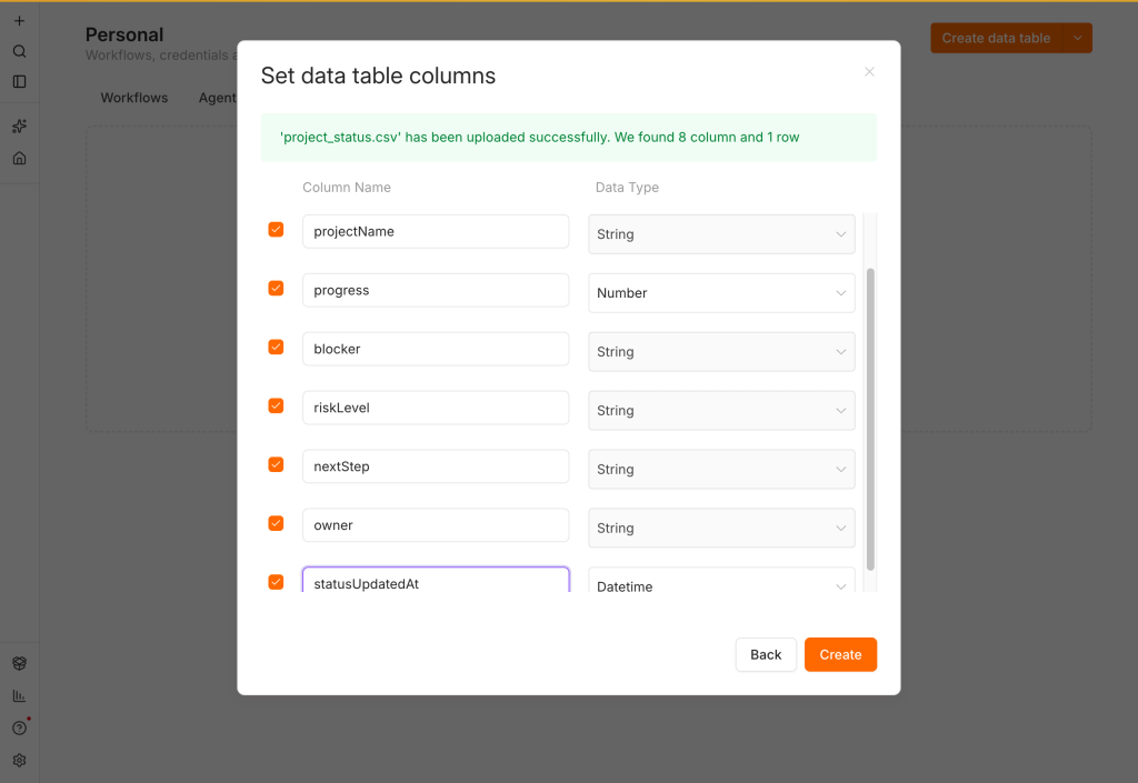 n8n 依 CSV 內容判斷 progress 為 Number、statusUpdatedAt 為 Datetime