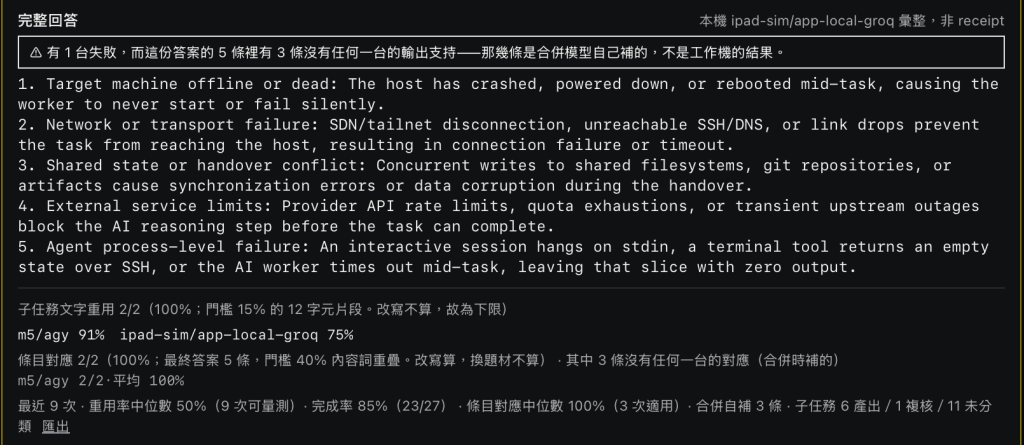 答案上方的警告:有 1 台失敗,5 條裡有 3 條沒有任何一台的輸出支持