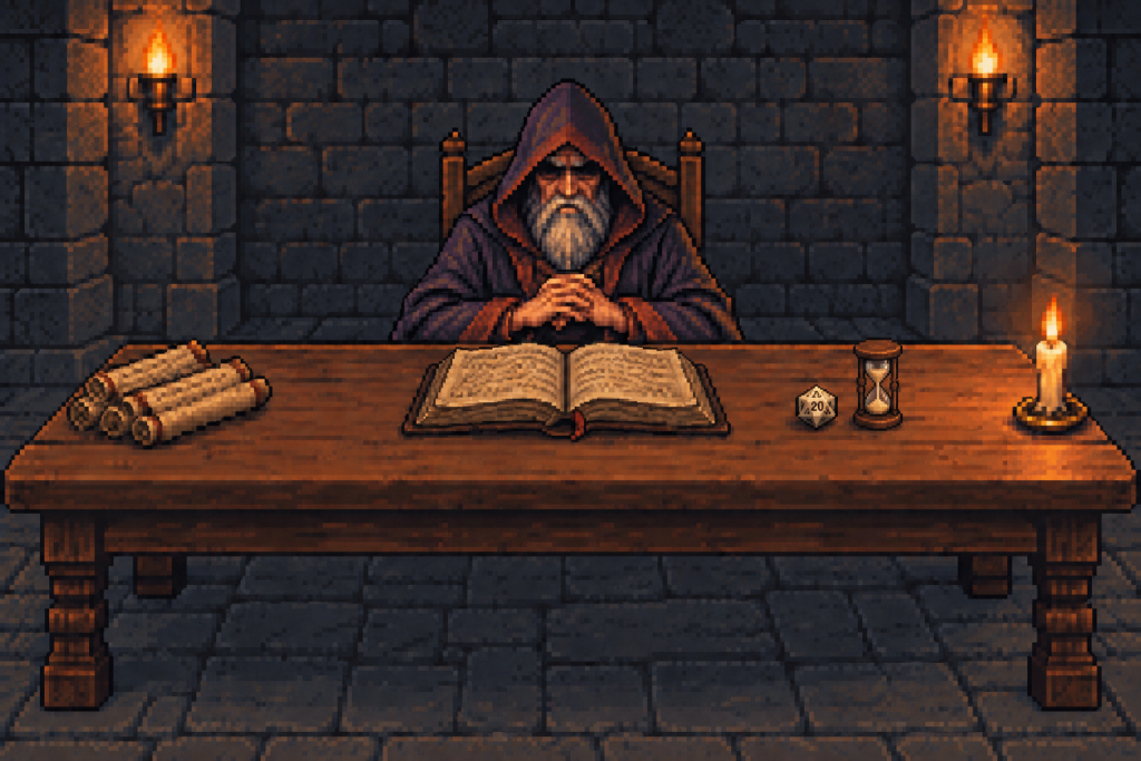 pixel art：地城領主坐在長桌後，桌上有紙卷、攤開的書、蠟燭、二十面骰，骰子旁邊多了一個小沙漏