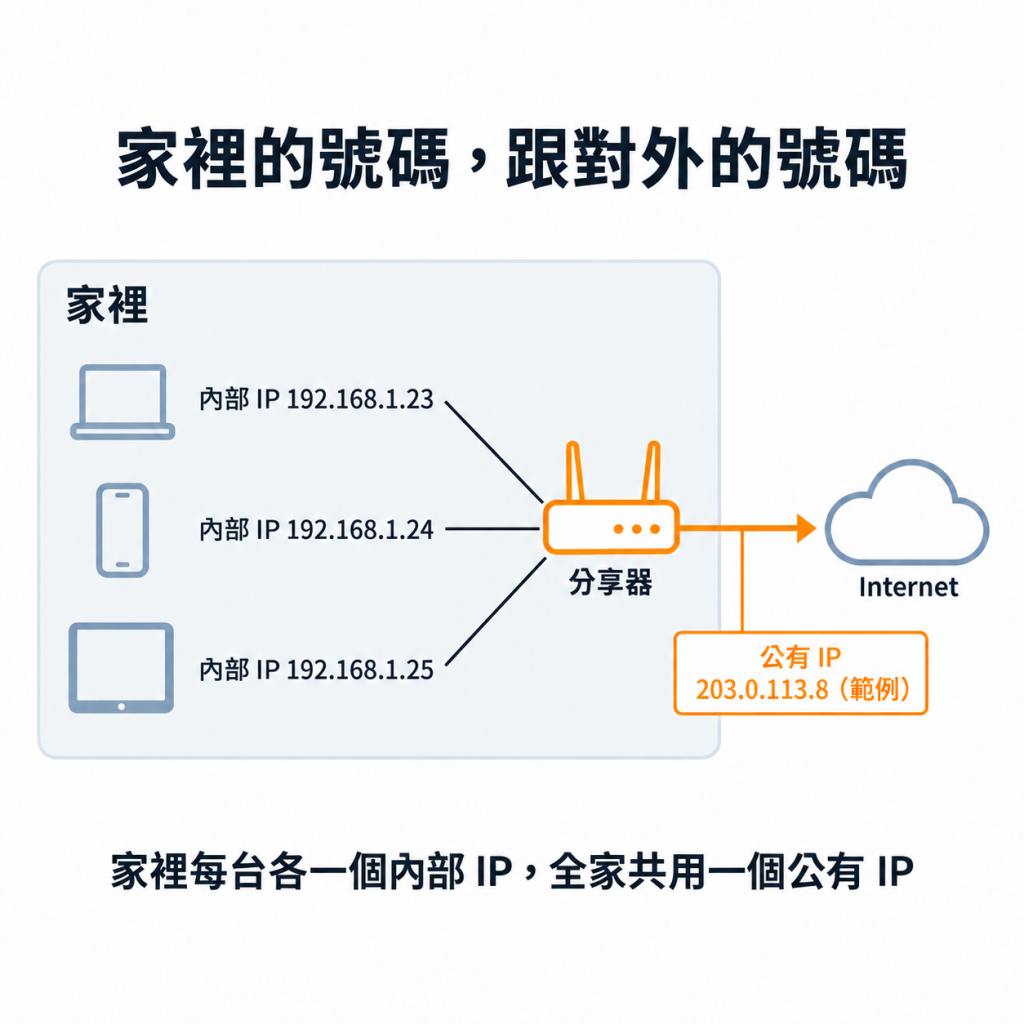 家裡的號碼跟對外的號碼：家裡的筆電、手機、平板各有一個內部 IP 192.168.1.23、24、25，全部接到分享器；分享器對外只有一個公有 IP 203.0.113.8（範例），連到 Internet