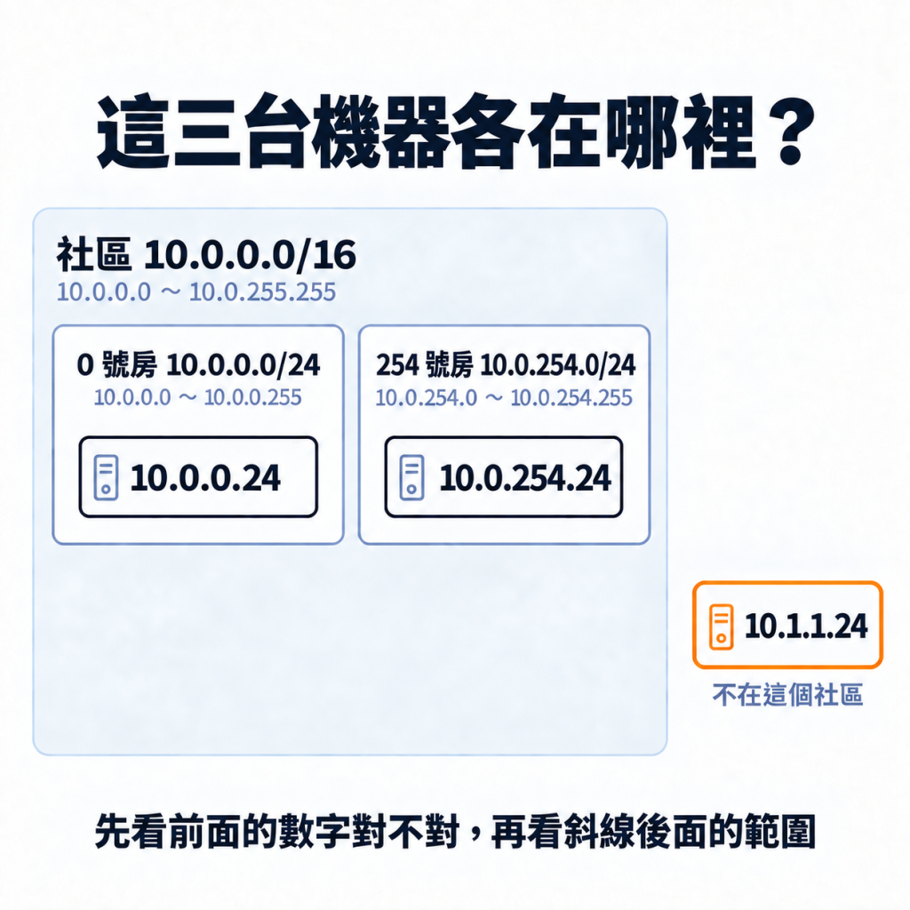 三台機器各在哪裡：10.0.0.24 在 0 號房 10.0.0.0/24 裡；10.0.254.24 在 254 號房 10.0.254.0/24 裡；10.1.1.24 不在這個社區