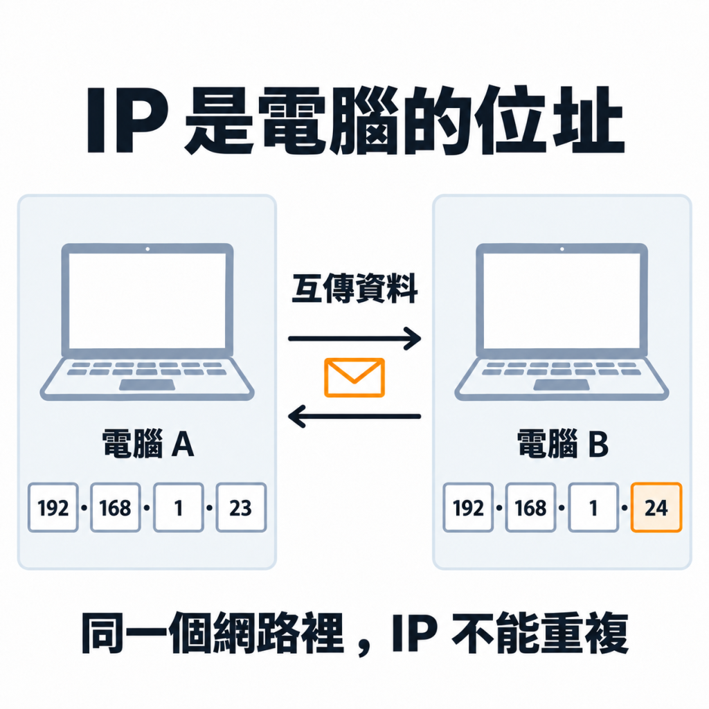 IP 是電腦的位址：電腦 A 的 IP 是 192.168.1.23，電腦 B 是 192.168.1.24，兩台互傳資料；同一個網路裡 IP 不能重複