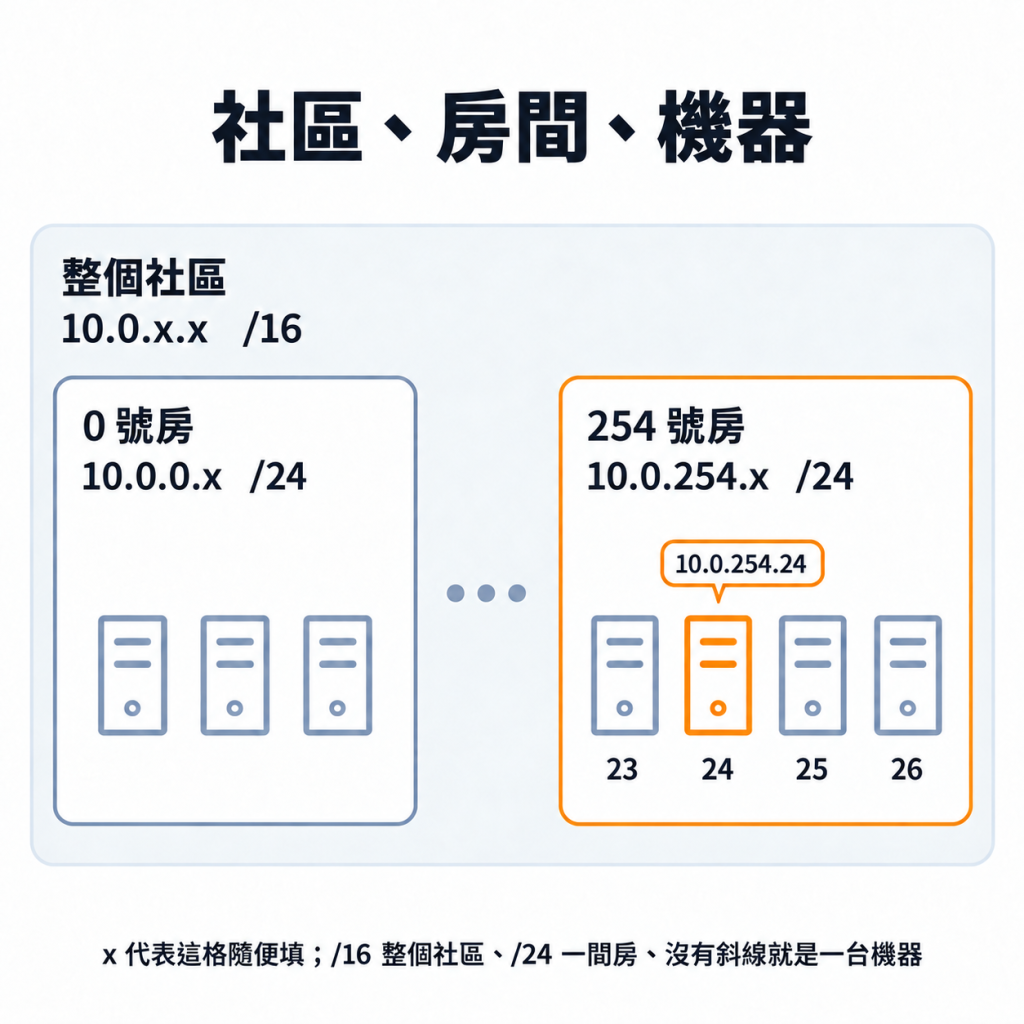 社區、房間、機器：整個社區 10.0.x.x（/16）裡有 0 號房 10.0.0.x（/24）和 254 號房 10.0.254.x（/24）；254 號房裡一排機器編號 23、24、25、26，其中 10.0.254.24 這台被標出來；x 代表這格隨便填
