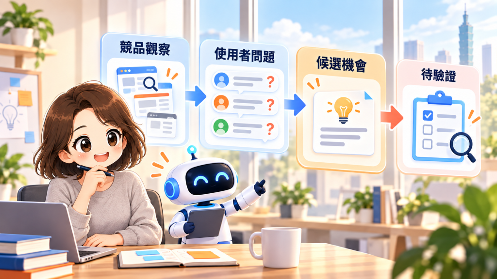 由競品觀察與使用者問題形成候選機會，再安排驗證