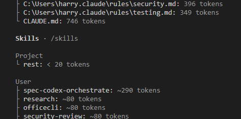 /context 的下半段:Memory files 裡 CLAUDE.md 746 tokens;Skills 一欄分 Project 和 User,Project 底下 rest: < 20 tokens,User 底下是我自己裝的幾個 skill,各約 80 到 290 tokens