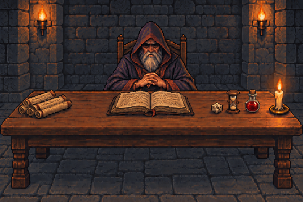 pixel art:地城領主坐在長桌後,桌上有紙卷、攤開的書、蠟燭、二十面骰、沙漏,沙漏和蠟燭之間多了一瓶紅色藥水