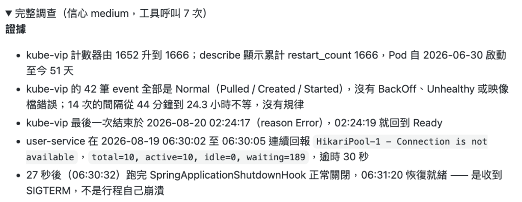 AI 調查 Container restart 後整理出的時間線