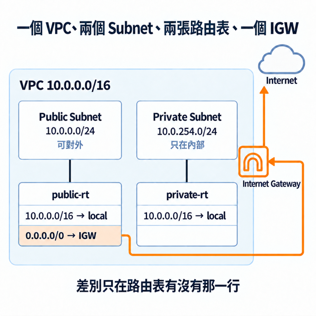 一個 VPC 10.0.0.0/16 裡有兩個 Subnet：Public Subnet 10.0.0.0/24 可對外、Private Subnet 10.0.254.0/24 只在內部；各掛一張路由表，public-rt 有 10.0.0.0/16 → local 和 0.0.0.0/0 → IGW 兩行，private-rt 只有 local 一行；只有 public-rt 那一行連到 Internet Gateway，再通到 Internet