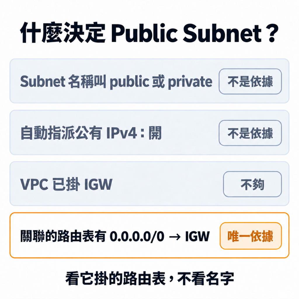 什麼決定 Public Subnet：Subnet 名稱叫 public 或 private、自動指派公有 IPv4 開著、VPC 已掛 IGW 三項都不是依據；關聯的路由表有 0.0.0.0/0 → IGW 才是唯一依據