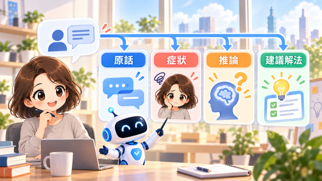將使用者回饋拆為原話、症狀、推論與建議解法