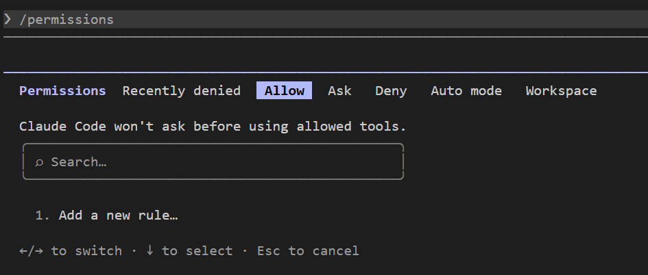 /permissions 畫面:分頁 Recently denied、Allow、Ask、Deny、Auto mode、Workspace,Allow 分頁寫著 Claude Code won't ask before using allowed tools,底下只有 Add a new rule…
