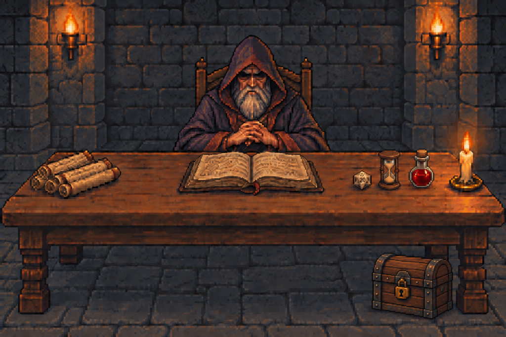pixel art:地城領主坐在長桌後,桌上有紙卷、攤開的書、二十面骰、沙漏、藥水、蠟燭,桌腳右邊的地上多了一個上鎖的木頭寶箱