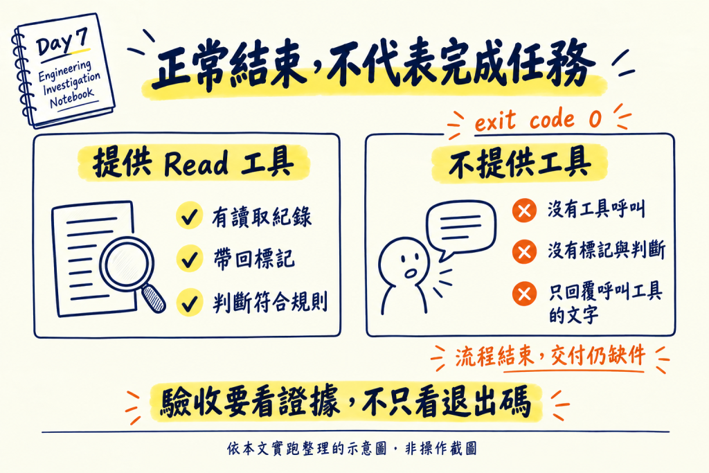 有無 Read 工具的實跑對照：退出碼正常，仍須核對讀取與交付證據
