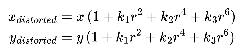 徑向變形的修正公式,x 與 y 各自乘上一個由 k1、k2、k3 與 r 的偶次方組成的係數