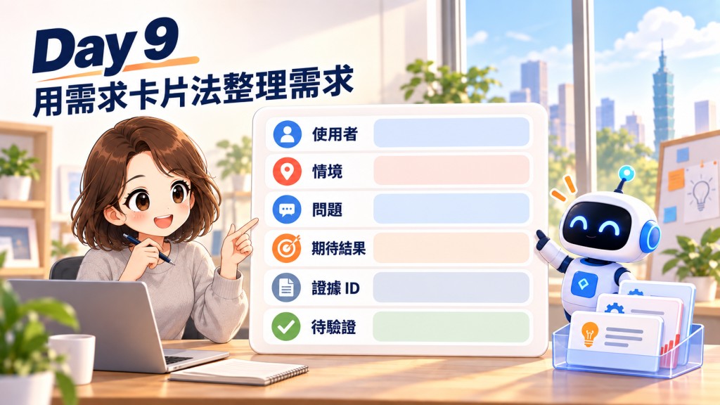 需求卡片的使用者、情境、問題、結果、證據與待驗證欄位
