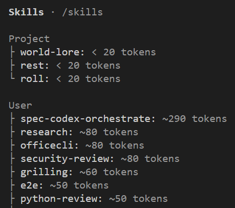 /context 的 Skills 一欄：Project 底下只有 world-lore、rest、roll，各不到 20 tokens，沒有 cheat