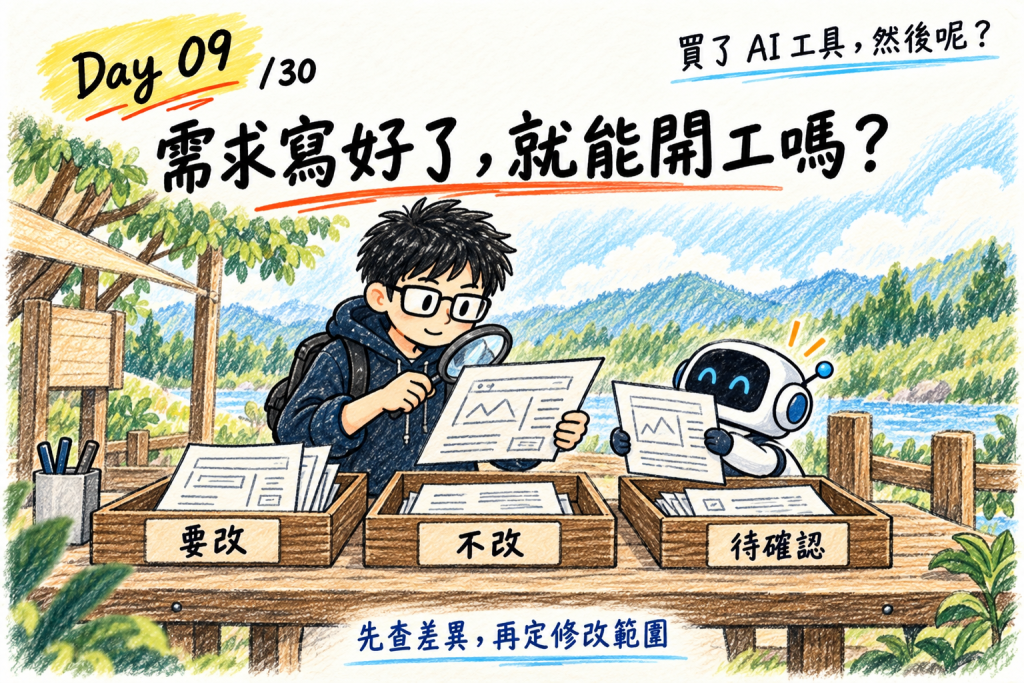 封面:工程師與機器人把 PM 的兩句需求對著程式核對,分進要改、不改、待確認三格,也就是文末那張開工卡的骨架