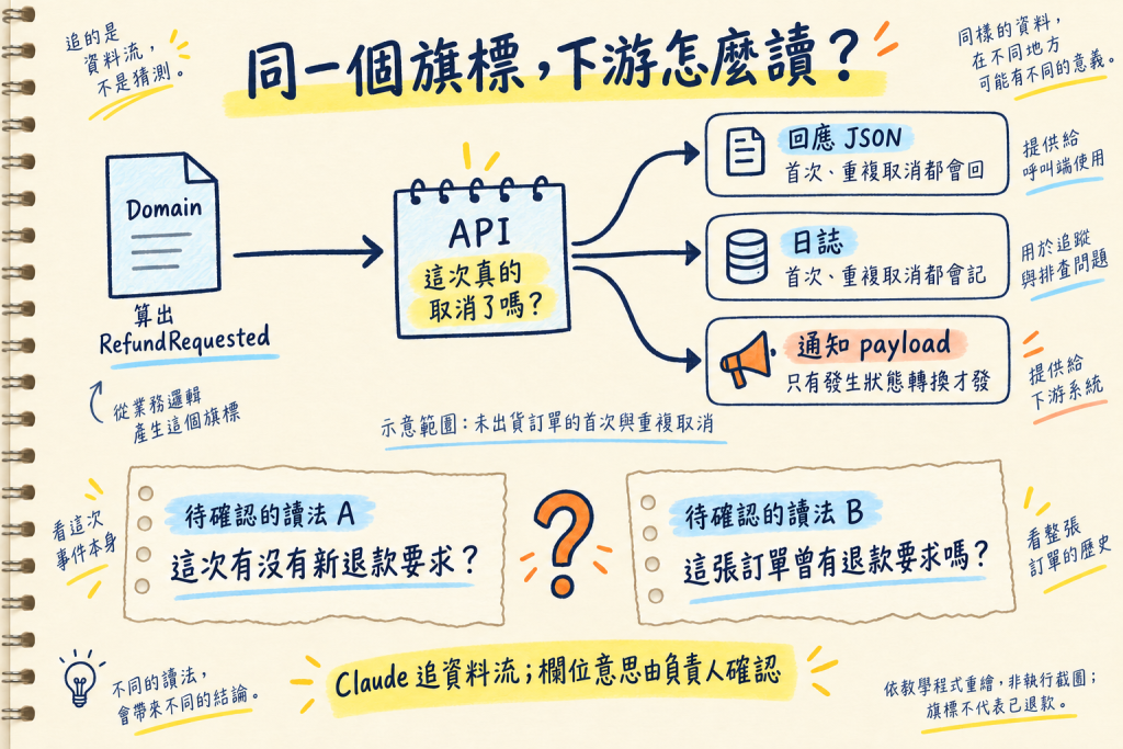 同一個 RefundRequested 從 Domain 流到回應 JSON、日誌與通知 payload;通知只在真的轉態時發,回應每次都回,兩邊讀法不同