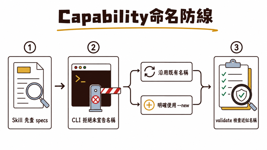 Speclink 在三個地方檢查 capability 名稱:Skill 先查 specs,CLI 要求確認正式 specs 與目前 change 都還沒有的名稱,再由 AI 選擇沿用既有名稱或明確使用 --new,validate 則提醒近似名稱
