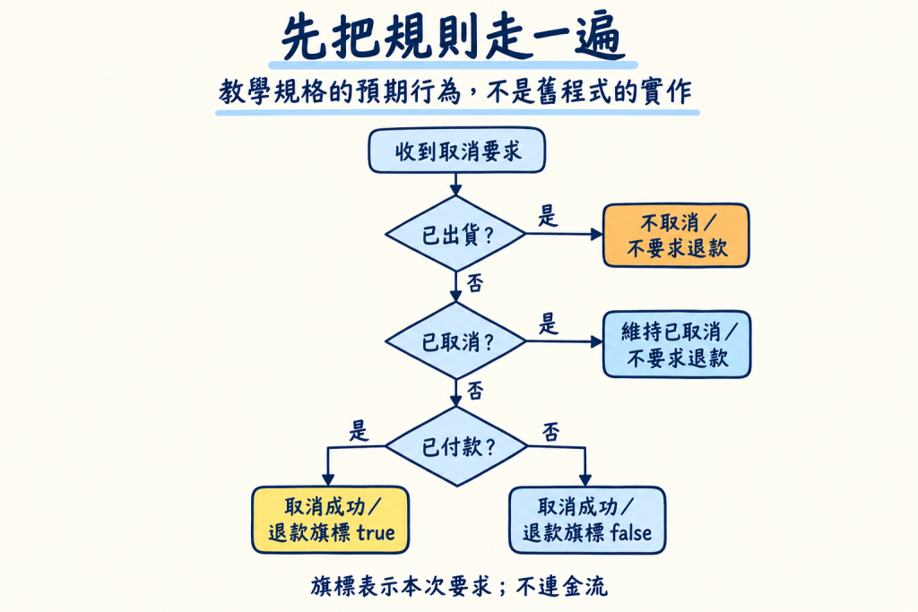 依教學規格區分已出貨、重複取消與首次取消的付款條件