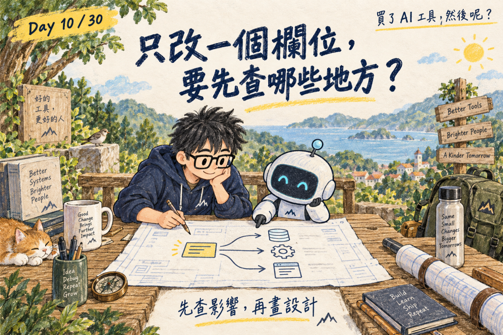 封面:桌上攤開設計圖,從一個黃色欄位追查修改可能影響的位置