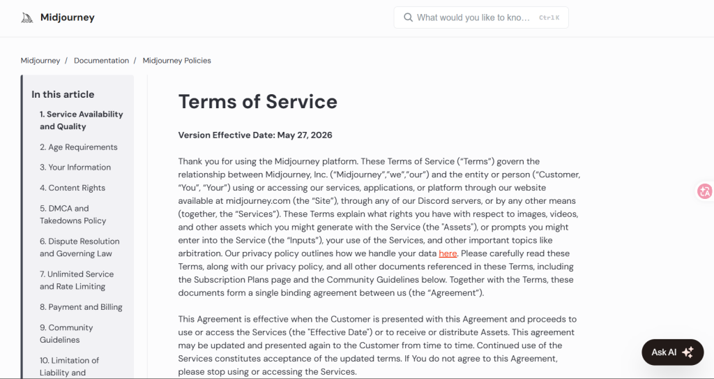 以midjourney為例的Terms of Service